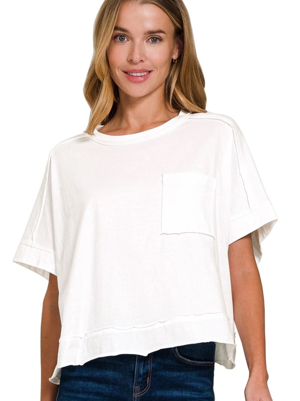 NWOT Zenana Exposed Seam Boxy Cotton Tee Size S/M
